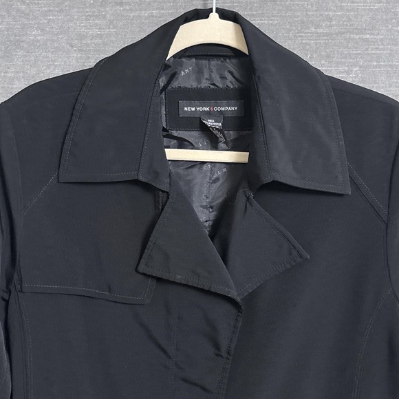 New York Co Trench Coat M Black Belted Long Rain Jacket Classic Retro Fall Layer - Picture 2 of 13